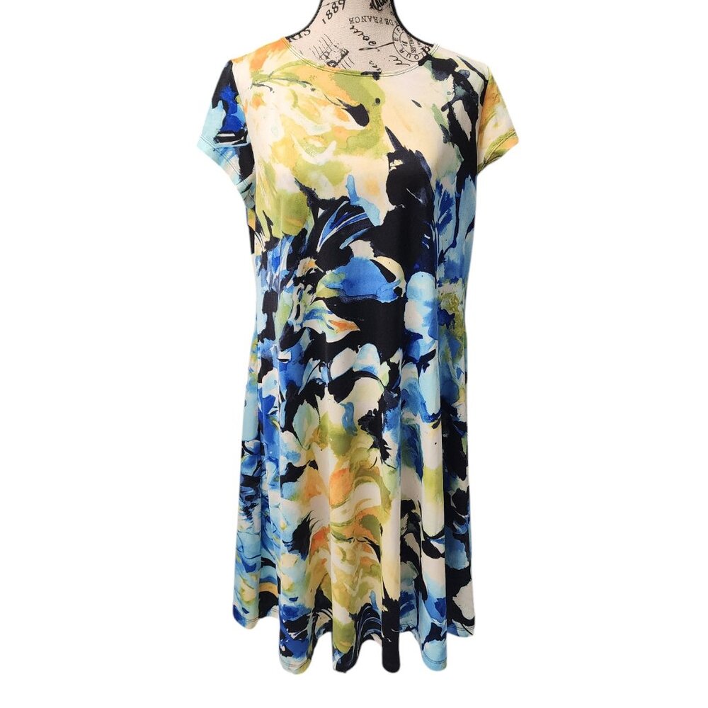Shelby & Palmer Women's Dress Large Multicolor Abstract Floral Print Cap Sleeve